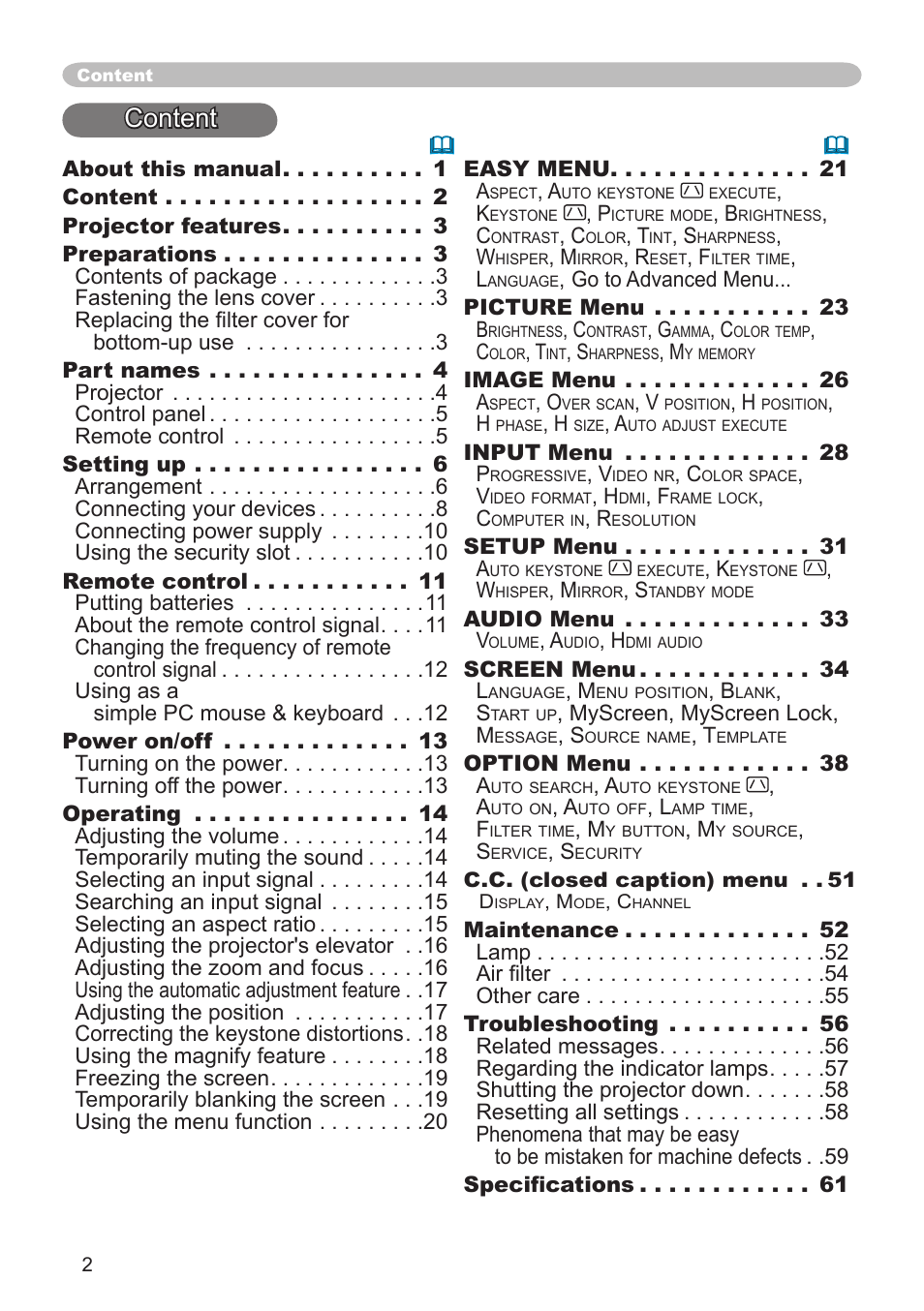 Content | Dukane Projector 8783 User Manual | Page 2 / 61