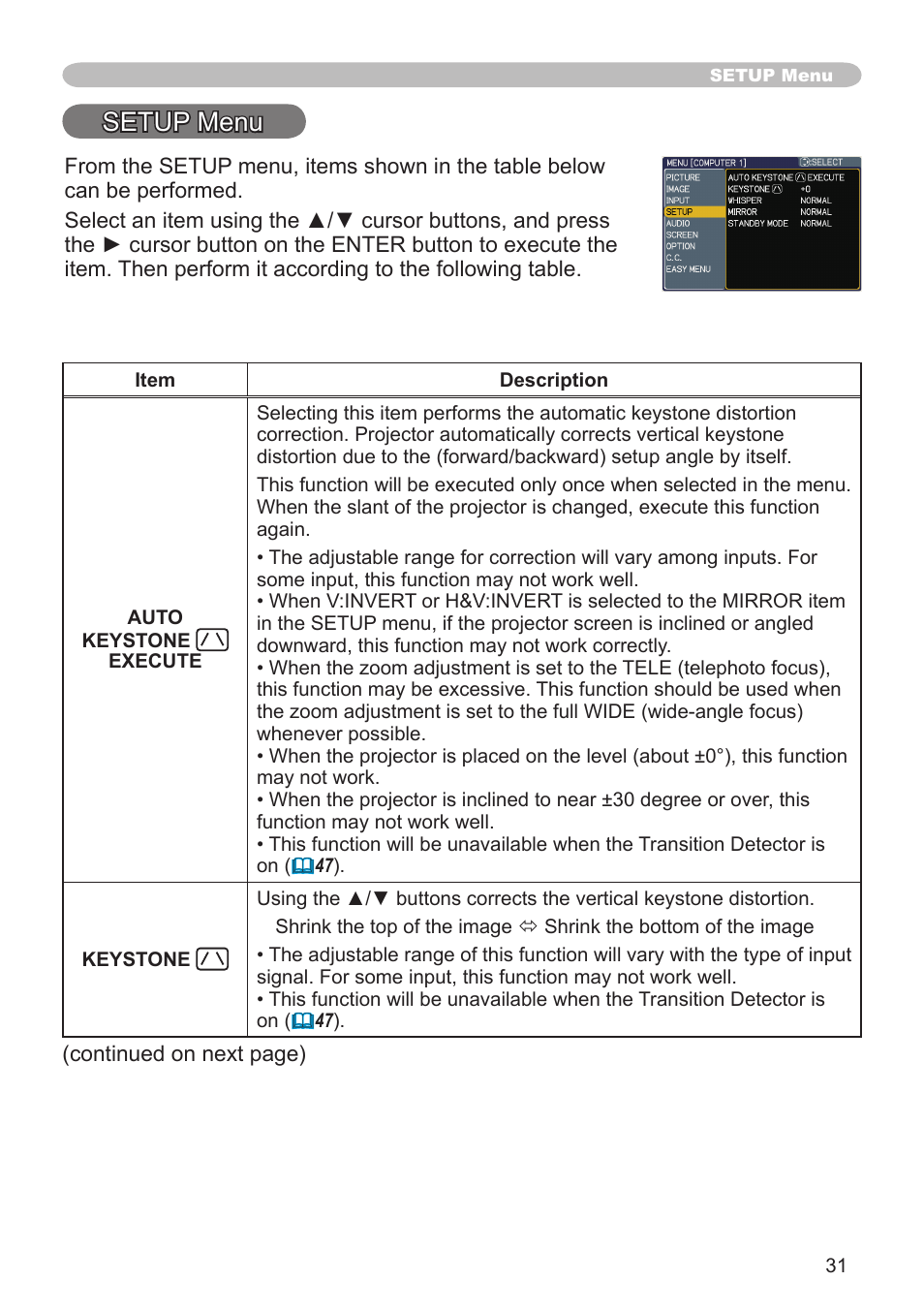 Setup menu | Dukane Projector 8783 User Manual | Page 31 / 61