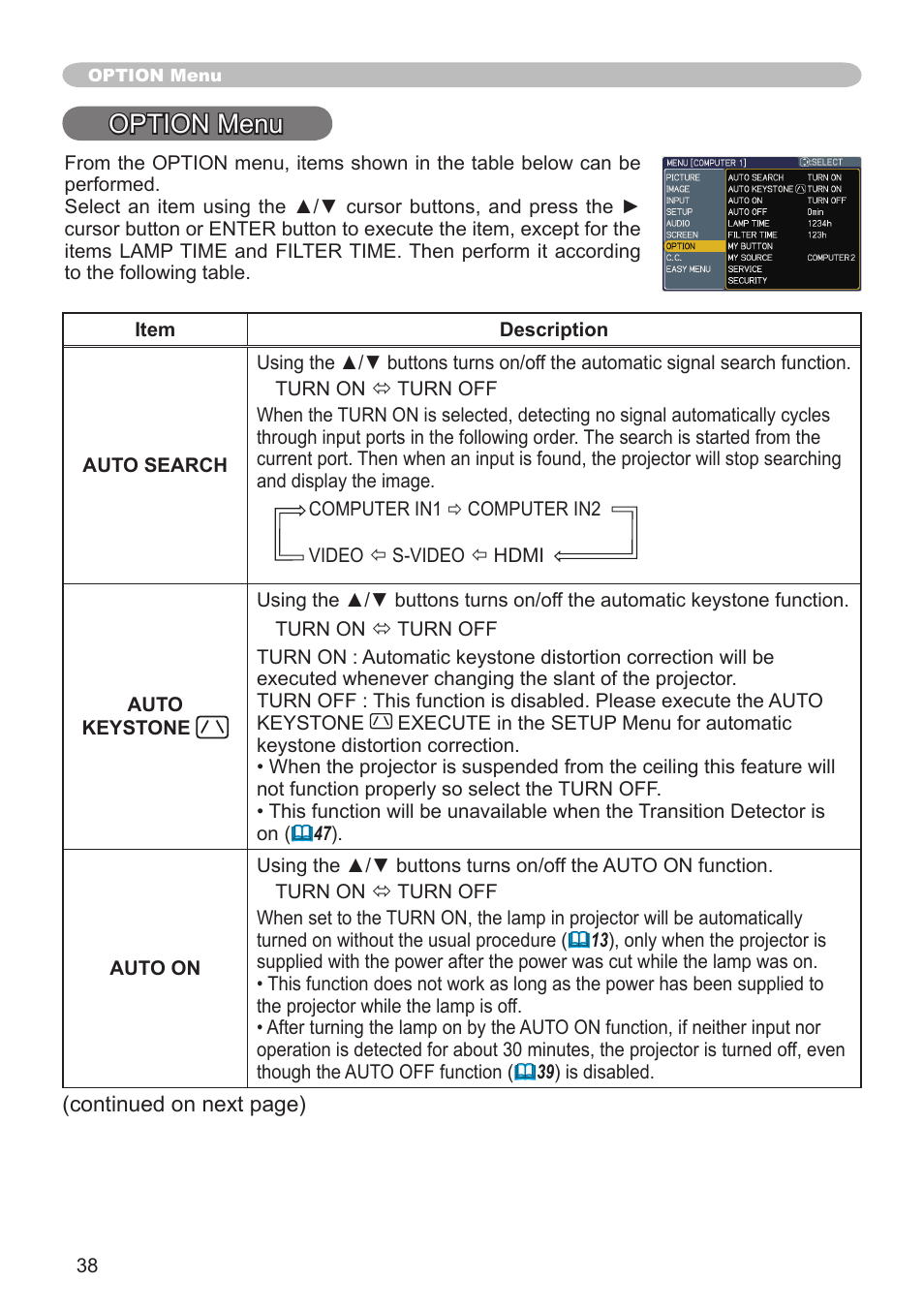 Option menu | Dukane Projector 8783 User Manual | Page 38 / 61