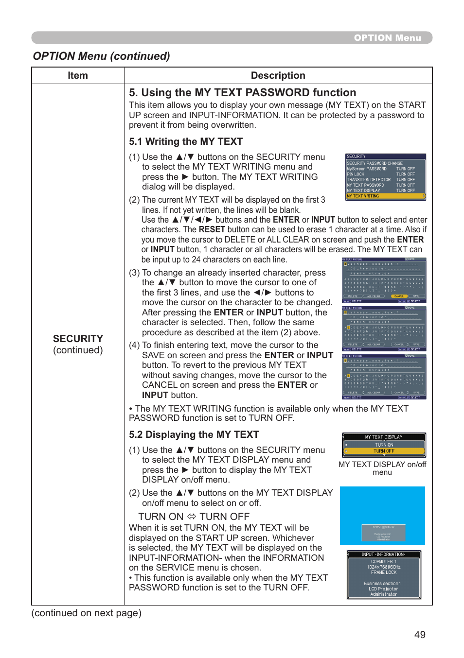 Using the my text password function, Option menu (continued) | Dukane Projector 8783 User Manual | Page 49 / 61