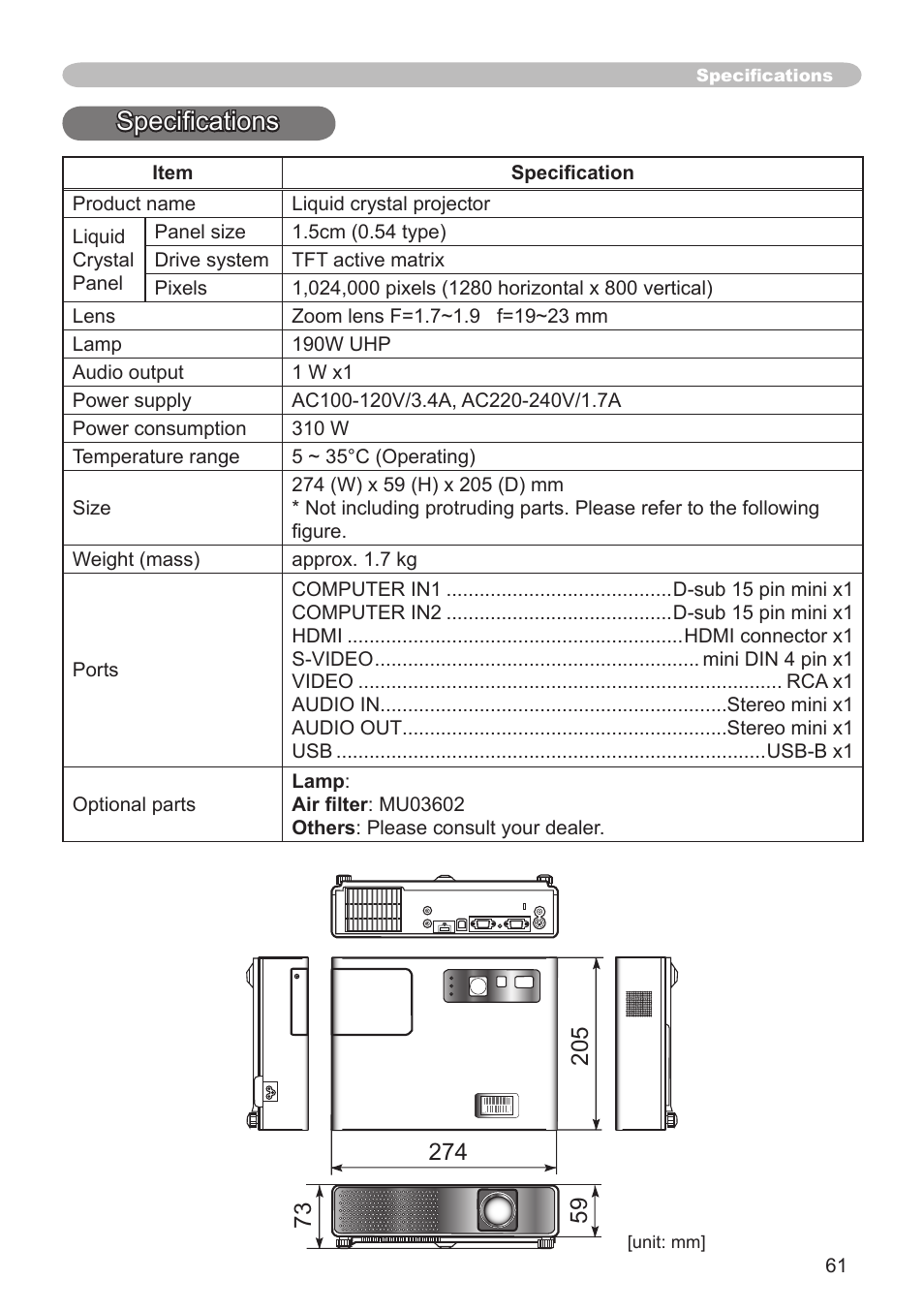 Specifications | Dukane Projector 8783 User Manual | Page 61 / 61