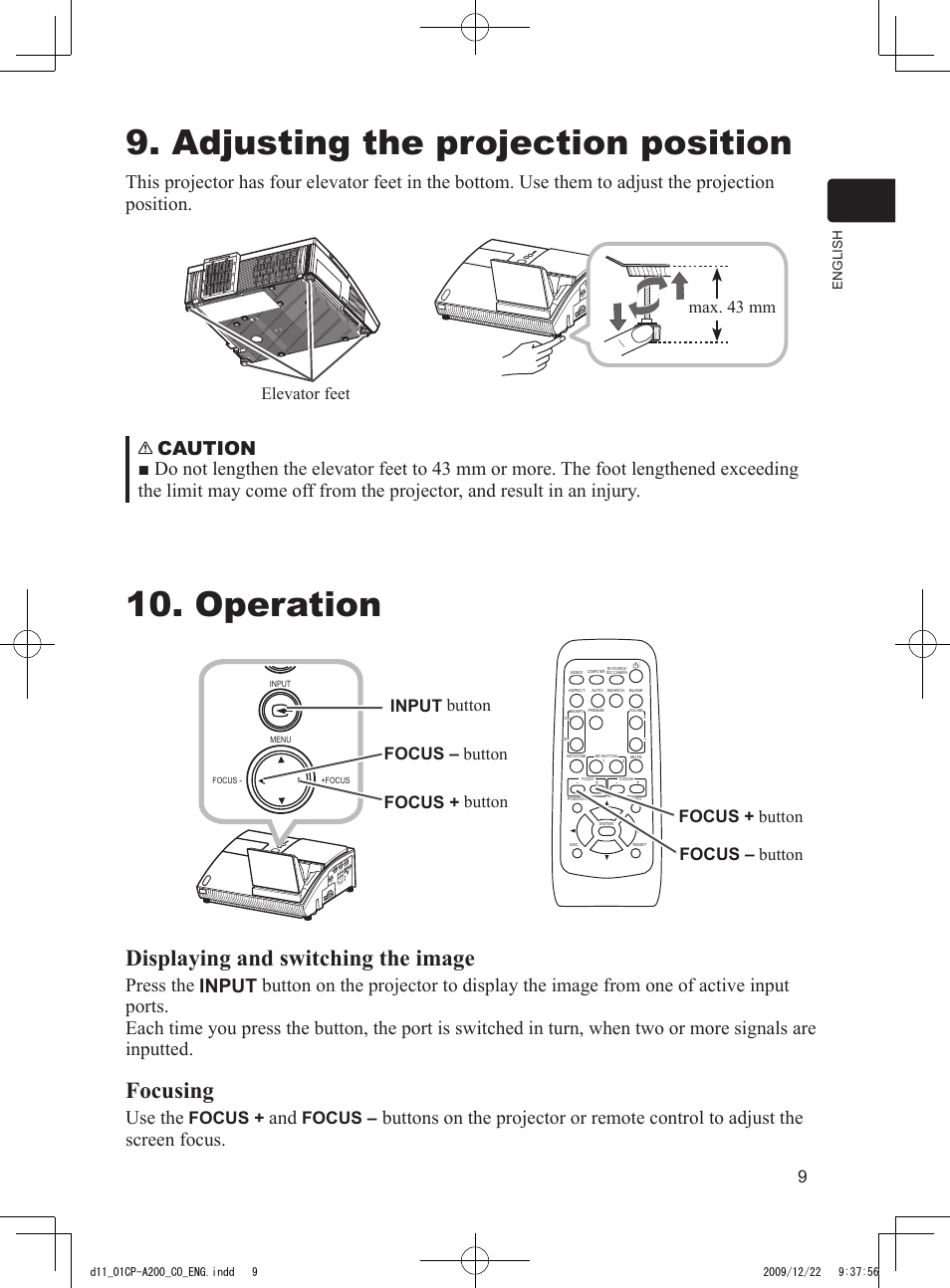 Adjusting the projection position, Operation, Displaying and switching the image | Focusing, Use the, Elevator feet, Focus | Dukane Data Video Projector 8103H User Manual | Page 10 / 21