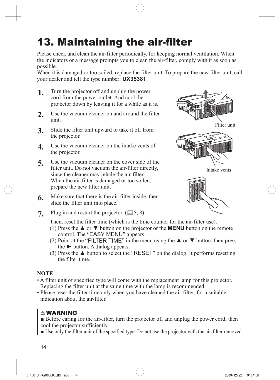 Maintaining the air-filter | Dukane Data Video Projector 8103H User Manual | Page 15 / 21