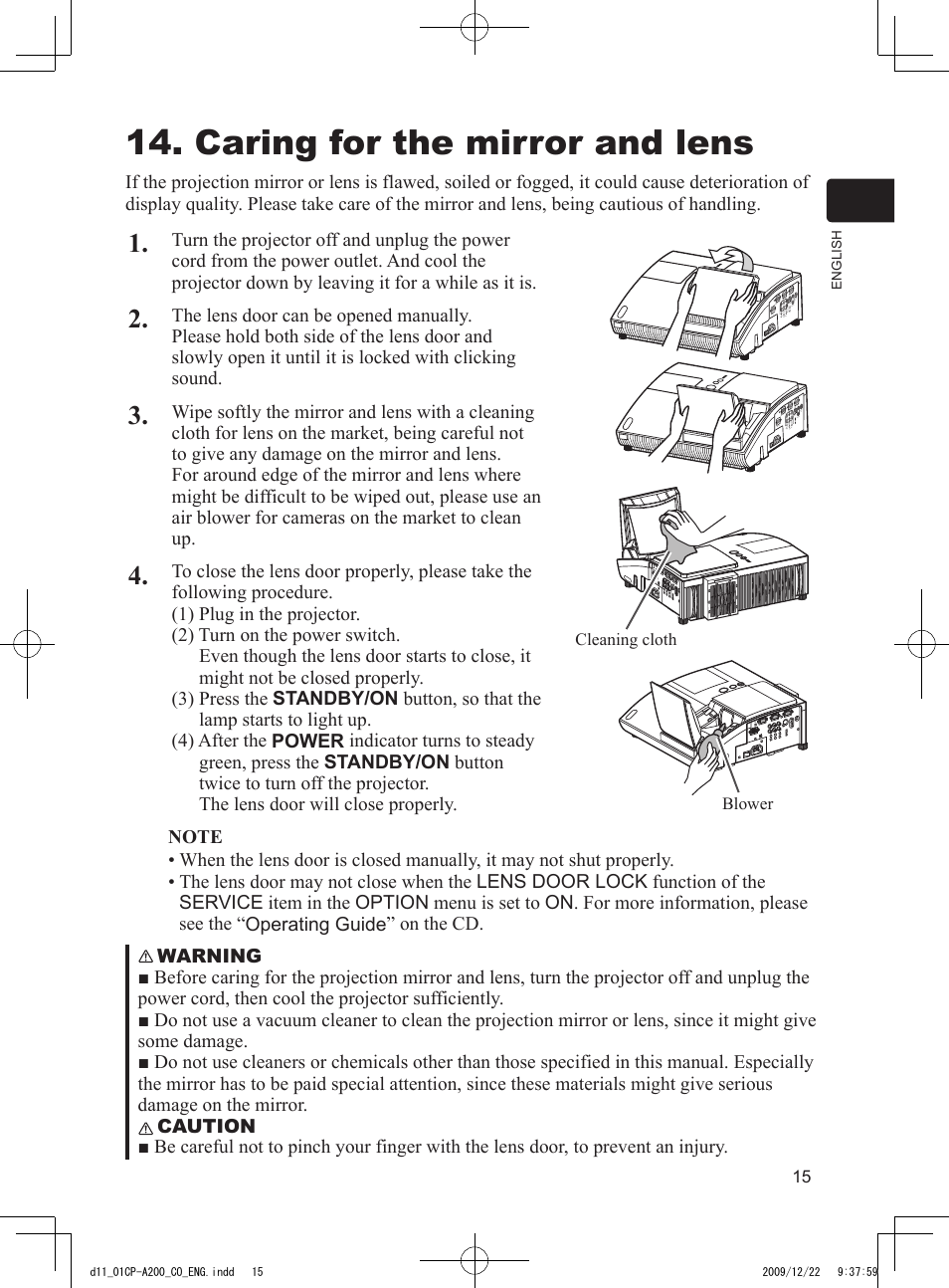Caring for the mirror and lens | Dukane Data Video Projector 8103H User Manual | Page 16 / 21