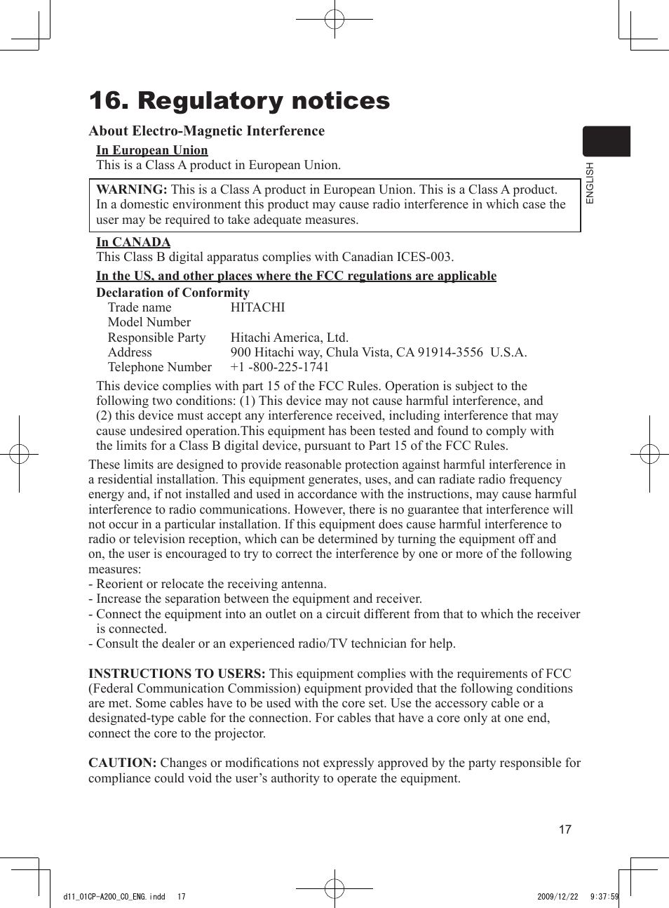 Regulatory notices | Dukane Data Video Projector 8103H User Manual | Page 18 / 21