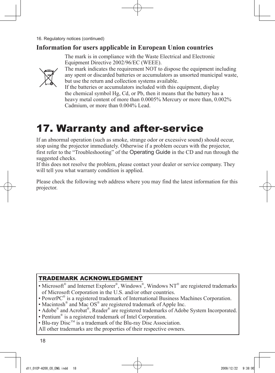 Warranty and after-service | Dukane Data Video Projector 8103H User Manual | Page 19 / 21