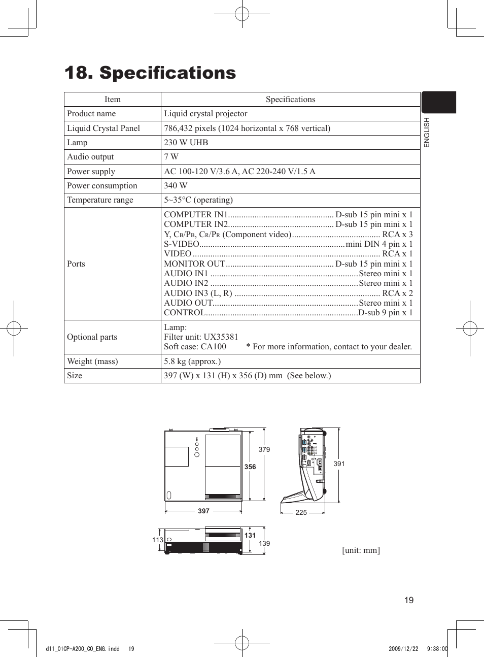 Specifications | Dukane Data Video Projector 8103H User Manual | Page 20 / 21
