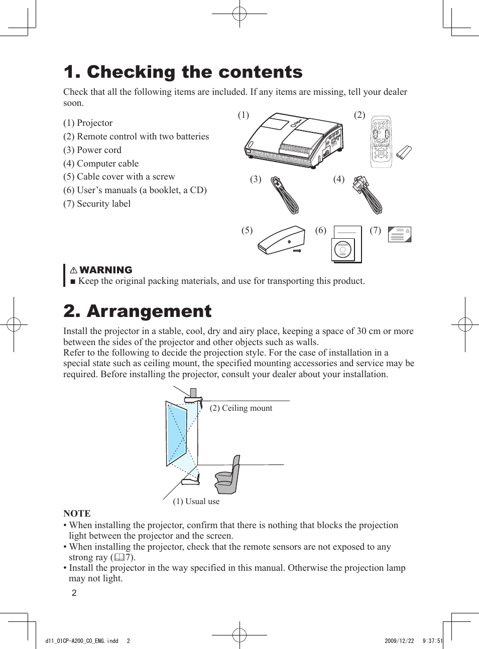 Checking the contents, Arrangement | Dukane Data Video Projector 8103H User Manual | Page 3 / 21