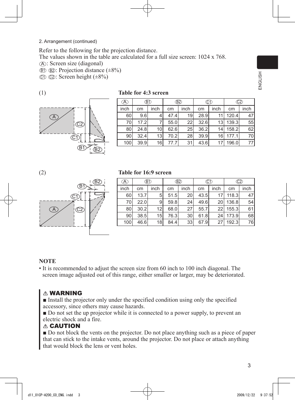 Screen size (diagonal), Projection distance (±8%), Screen height (±8%) | Dukane Data Video Projector 8103H User Manual | Page 4 / 21