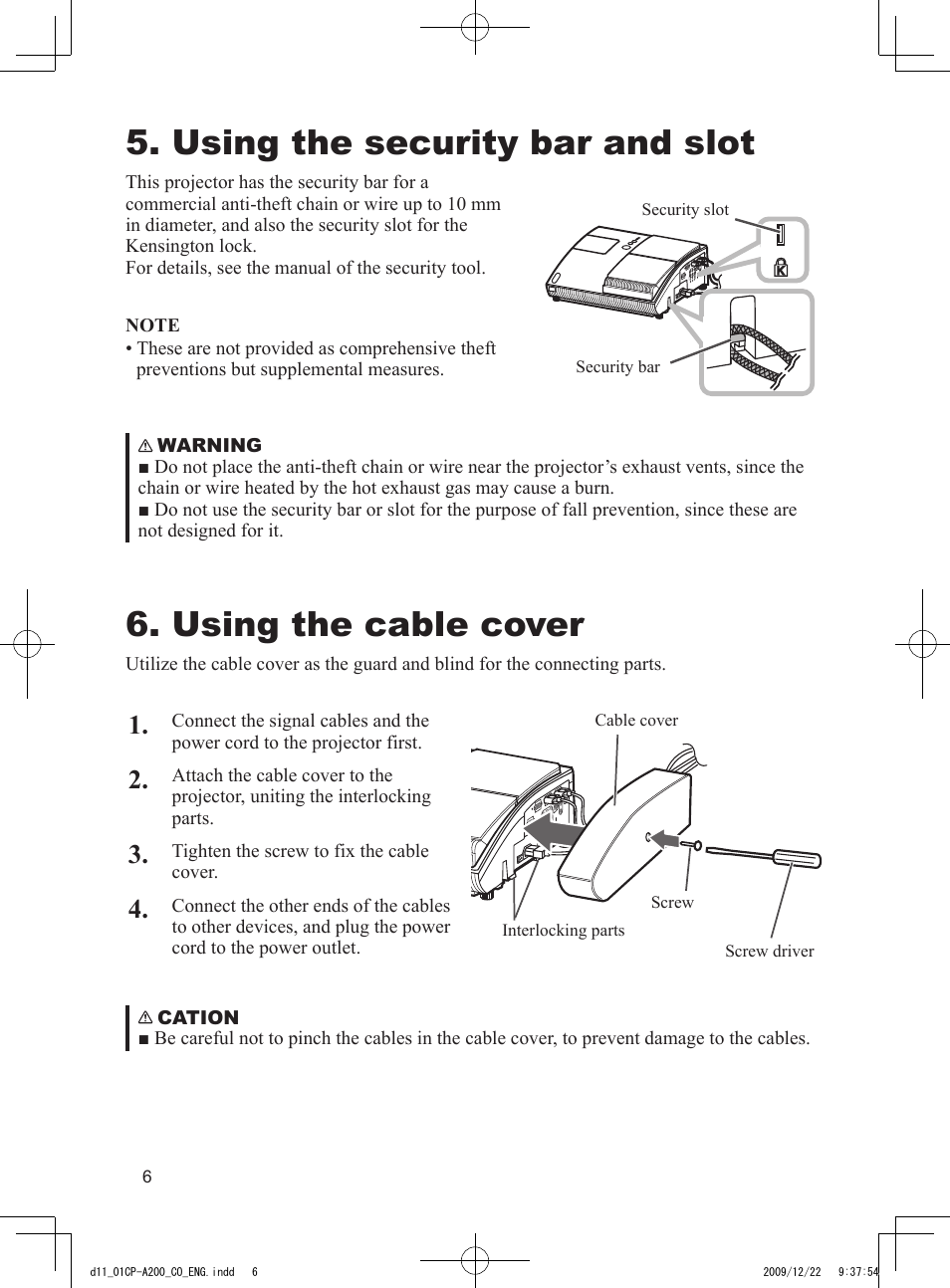 Using the security bar and slot, Using the cable cover | Dukane Data Video Projector 8103H User Manual | Page 7 / 21