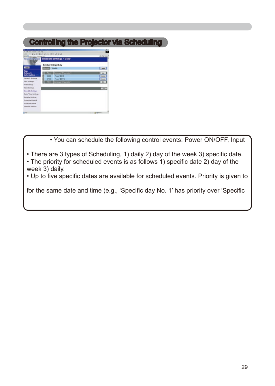 Controlling the projector via scheduling | Dukane 8776-RJ User Manual | Page 115 / 126