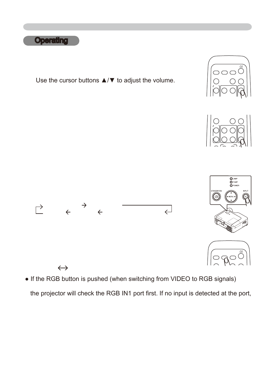 Operating adjusting the volume, Temporarily muting the sound, Selecting an input signal | Operating | Dukane 8776-RJ User Manual | Page 20 / 126