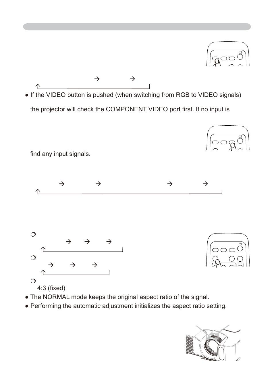 Adjusting the zoom and focus, Selecting an aspect ratio, Searching an input signal | Use the zoom ring to adjust the screen size, Use the focus ring to focus the picture, Selecting an input signal (continued), Zoom ring focus ring, Operating | Dukane 8776-RJ User Manual | Page 21 / 126
