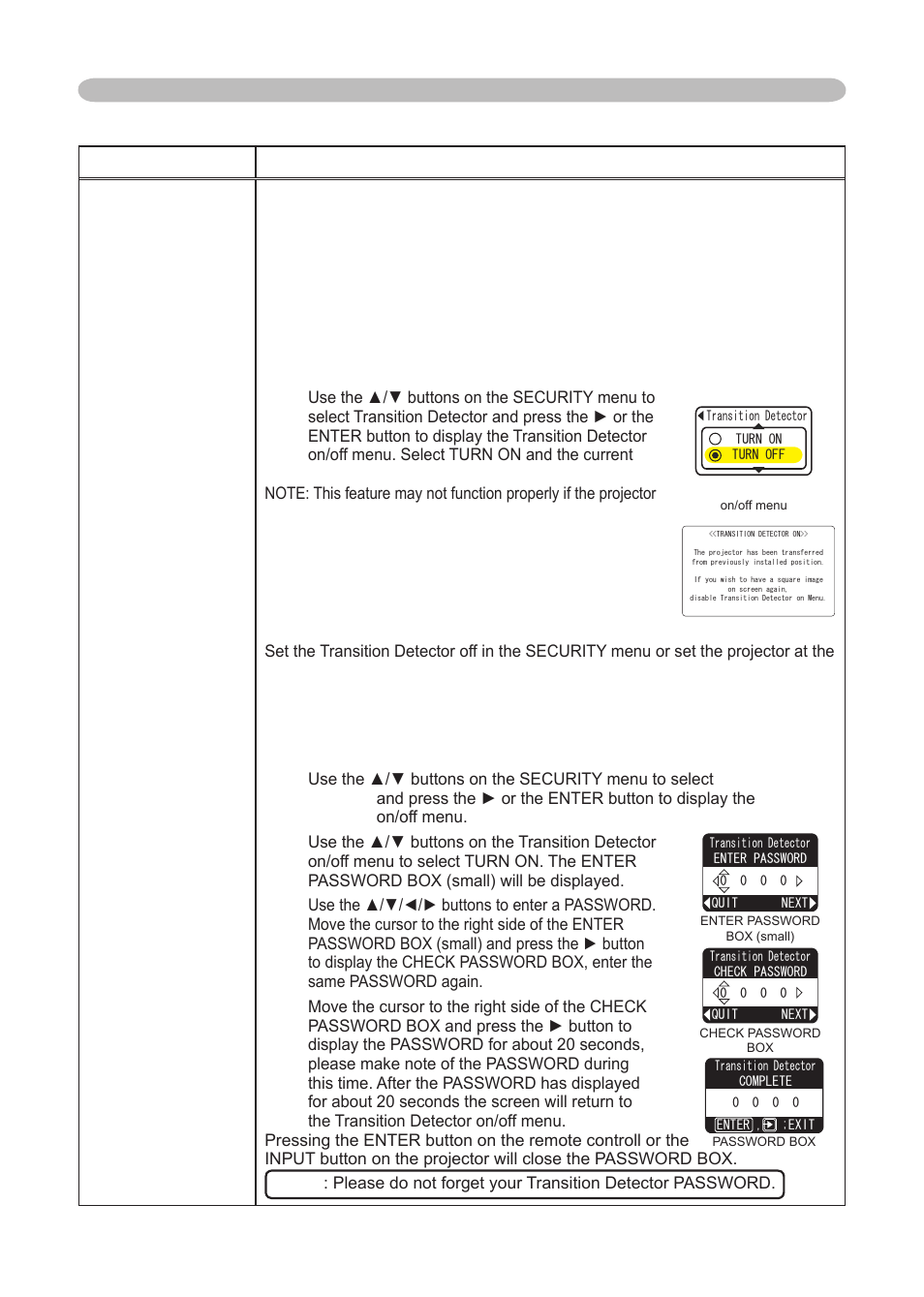 Using the transition detector function, Transition detector, Option menu (continued) | 48 item description security, 1 turning on the, Function, 2 setting the, Password | Dukane 8776-RJ User Manual | Page 50 / 126