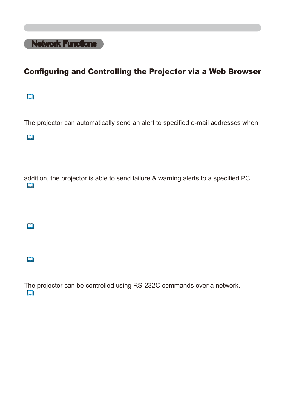 Failure & warning alerts via e-mail, Projector management via snmp, Controlling the projector via scheduling | Still image transfer, Projector control via rs-232c via the network | Dukane 8776-RJ User Manual | Page 88 / 126