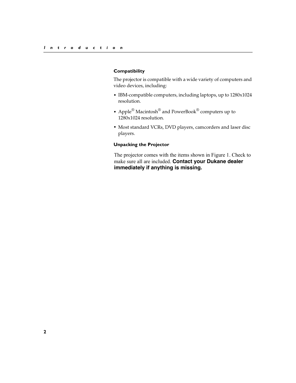 Heading2 - compatibility, Heading2 - unpacking the projector, Compatibility 2 unpacking the projector | Dukane 28A8753 User Manual | Page 10 / 62