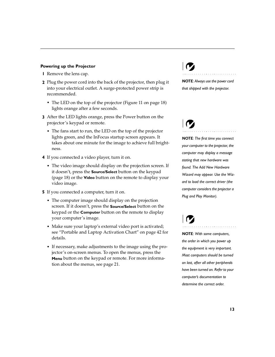Heading2 - powering up the projector, Powering up the projector and adjusting the image | Dukane 28A8753 User Manual | Page 21 / 62
