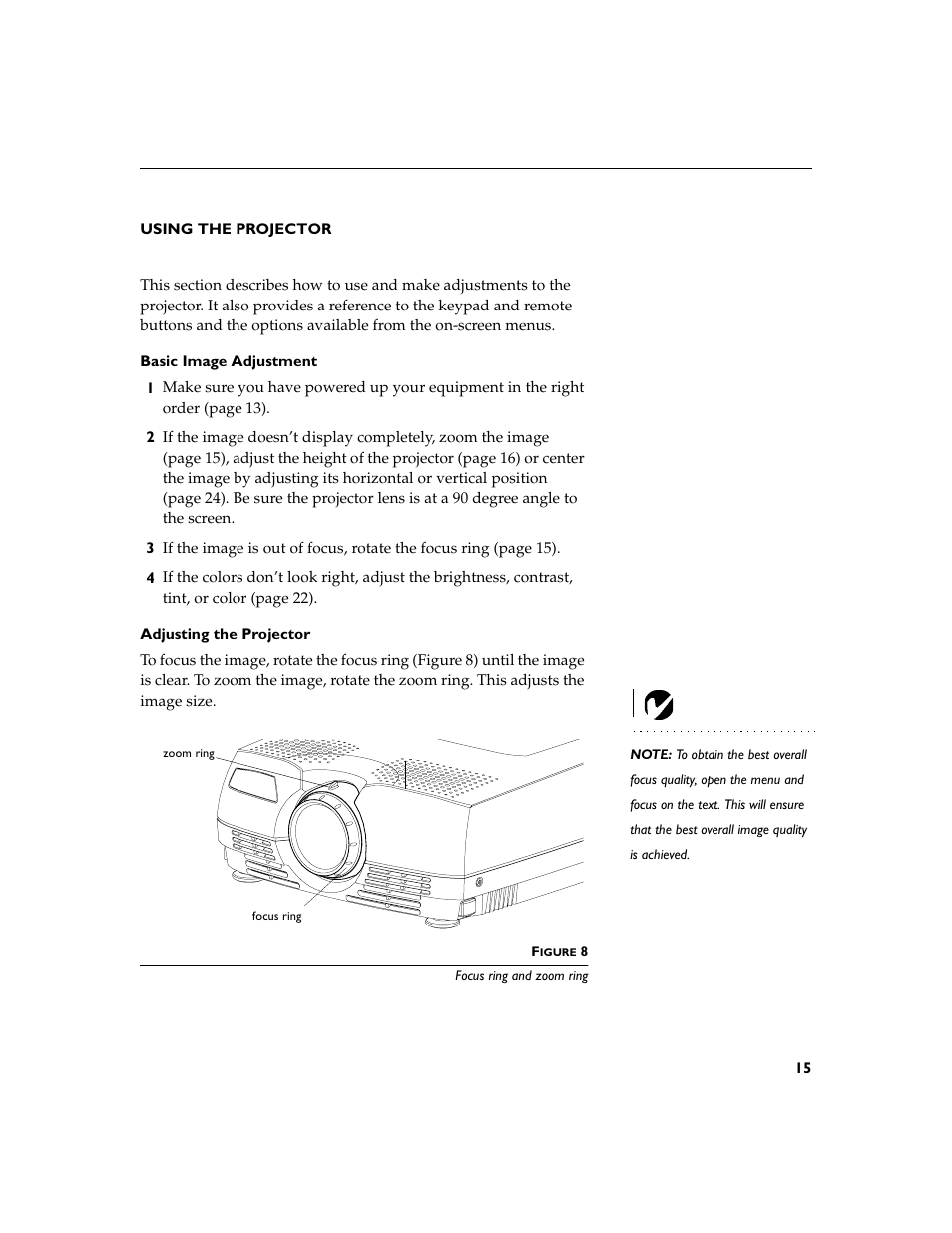 Heading1 - using the projector, Heading2 - basic image adjustment, Heading2 - adjusting the projector | Using the projector, Basic image adjustment, Adjusting the projector | Dukane 28A8753 User Manual | Page 23 / 62