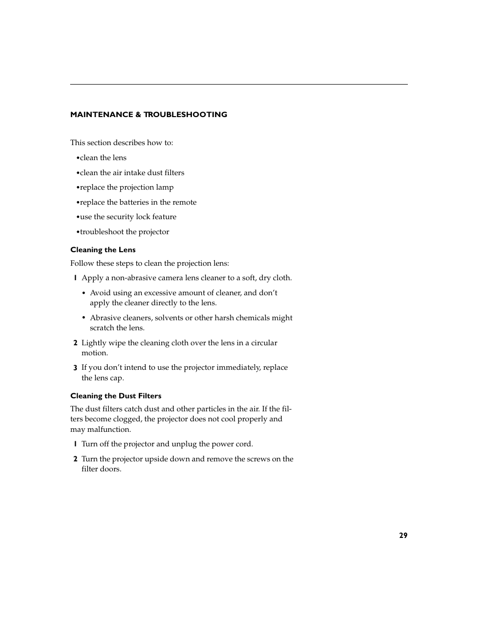 Heading1 - maintenance & troubleshooting, Heading2 - cleaning the lens, Heading2 - cleaning the dust filters | Maintenance & troubleshooting, Cleaning the lens, Cleaning the dust filters | Dukane 28A8753 User Manual | Page 37 / 62