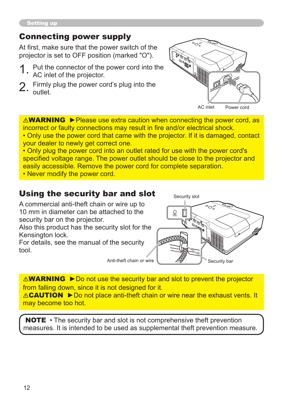 Connecting power supply, Using the security bar and slot | Dukane 8755G-RJ User Manual | Page 13 / 128