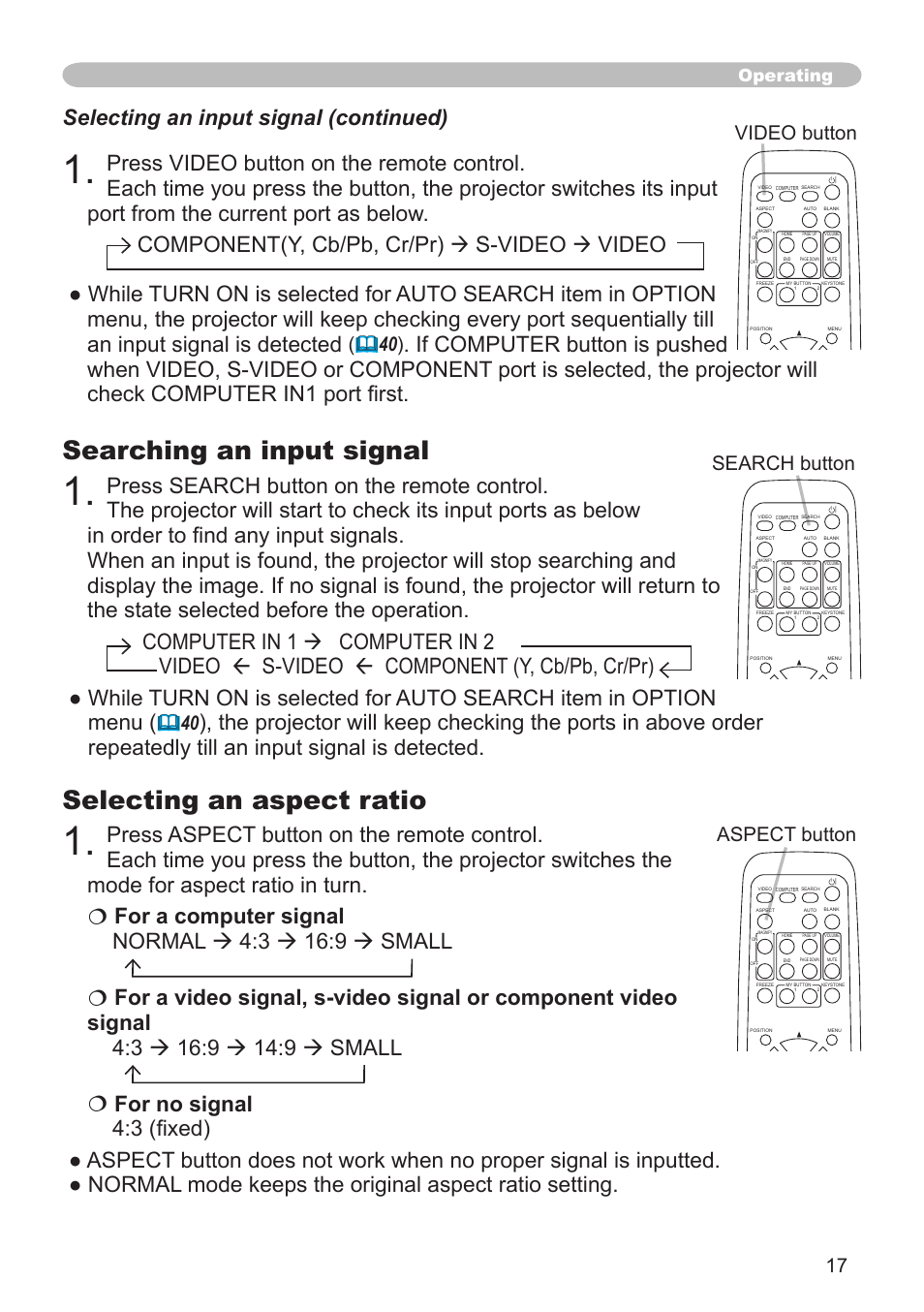 Searching an input signal, Selecting an aspect ratio, Video button search button aspect button | Operating | Dukane 8755G-RJ User Manual | Page 18 / 128