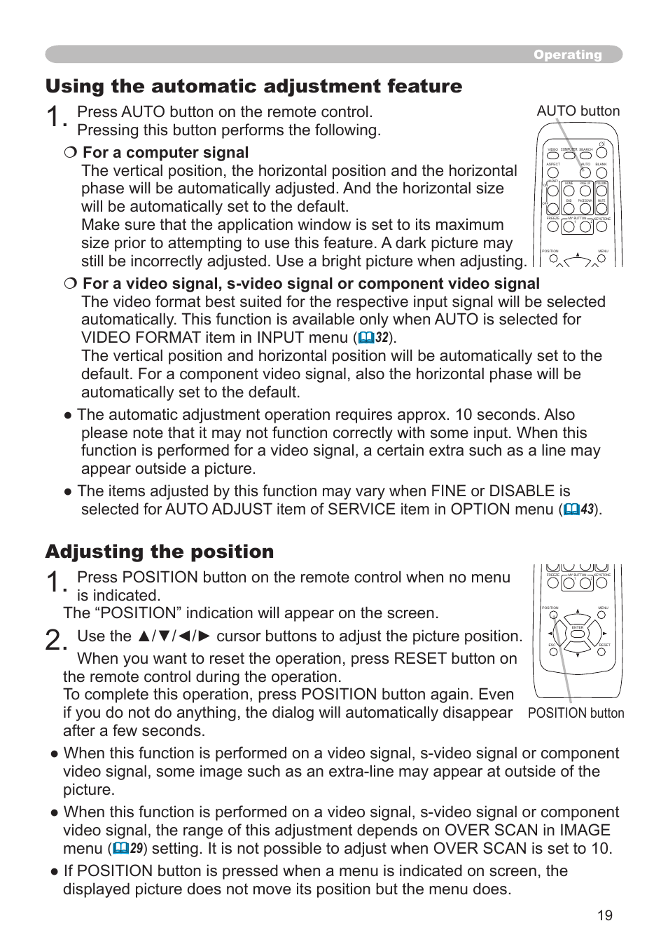 Adjusting the position, Using the automatic adjustment feature, Position button | Auto button, Operating | Dukane 8755G-RJ User Manual | Page 20 / 128