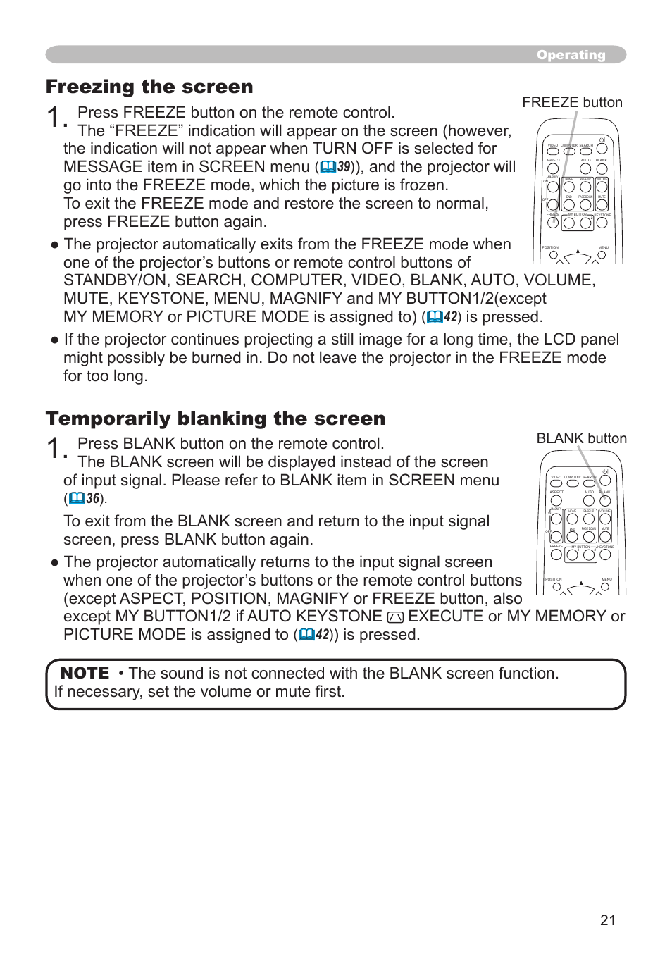 Temporarily blanking the screen, Freezing the screen, Freeze button | Blank button, Operating | Dukane 8755G-RJ User Manual | Page 22 / 128