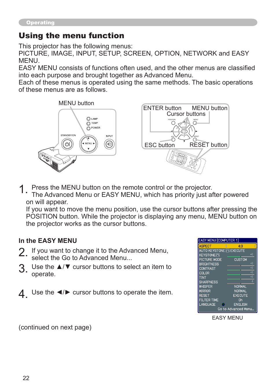 Using the menu function, Use the ◄/► cursor buttons to operate the item, Continued on next page) | Menu button, Esc button, Operating, Easy menu | Dukane 8755G-RJ User Manual | Page 23 / 128