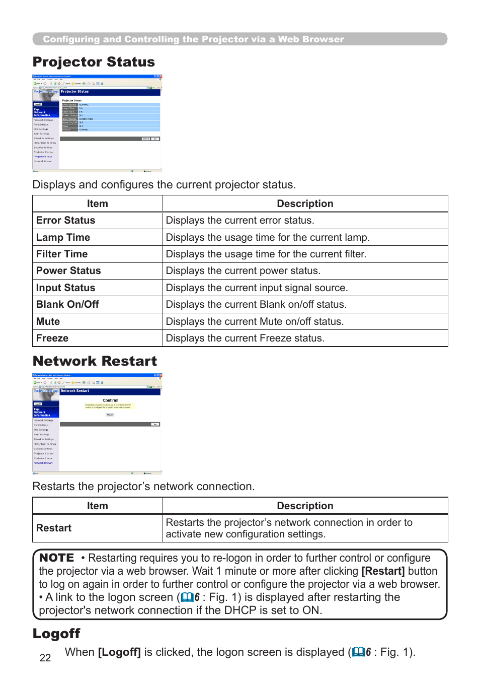 Network restart, Logoff, Projector status | Dukane 8755G-RJ User Manual | Page 88 / 128