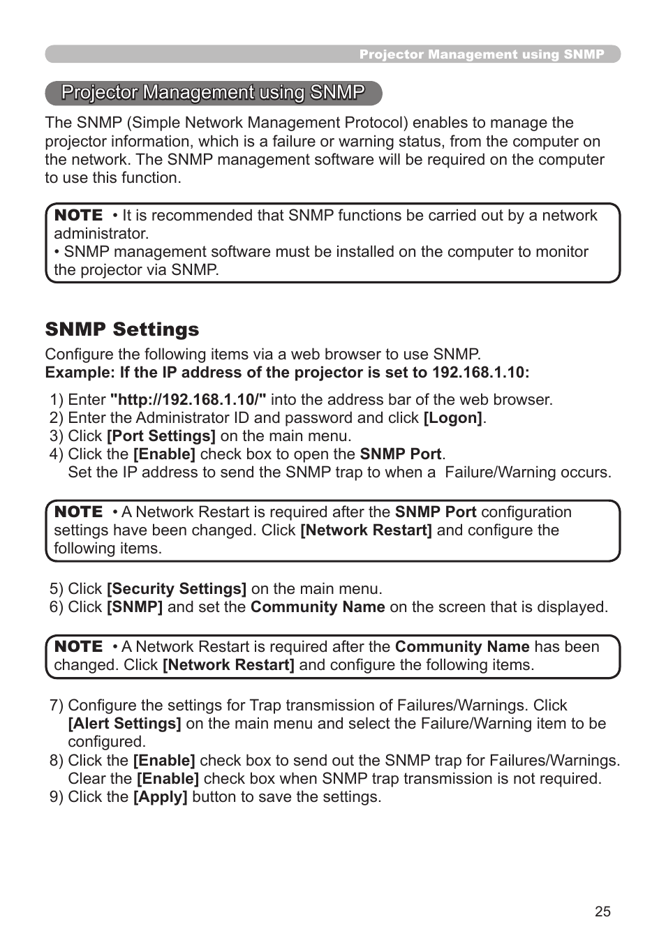 Projector management using snmp, Snmp settings | Dukane 8755G-RJ User Manual | Page 91 / 128