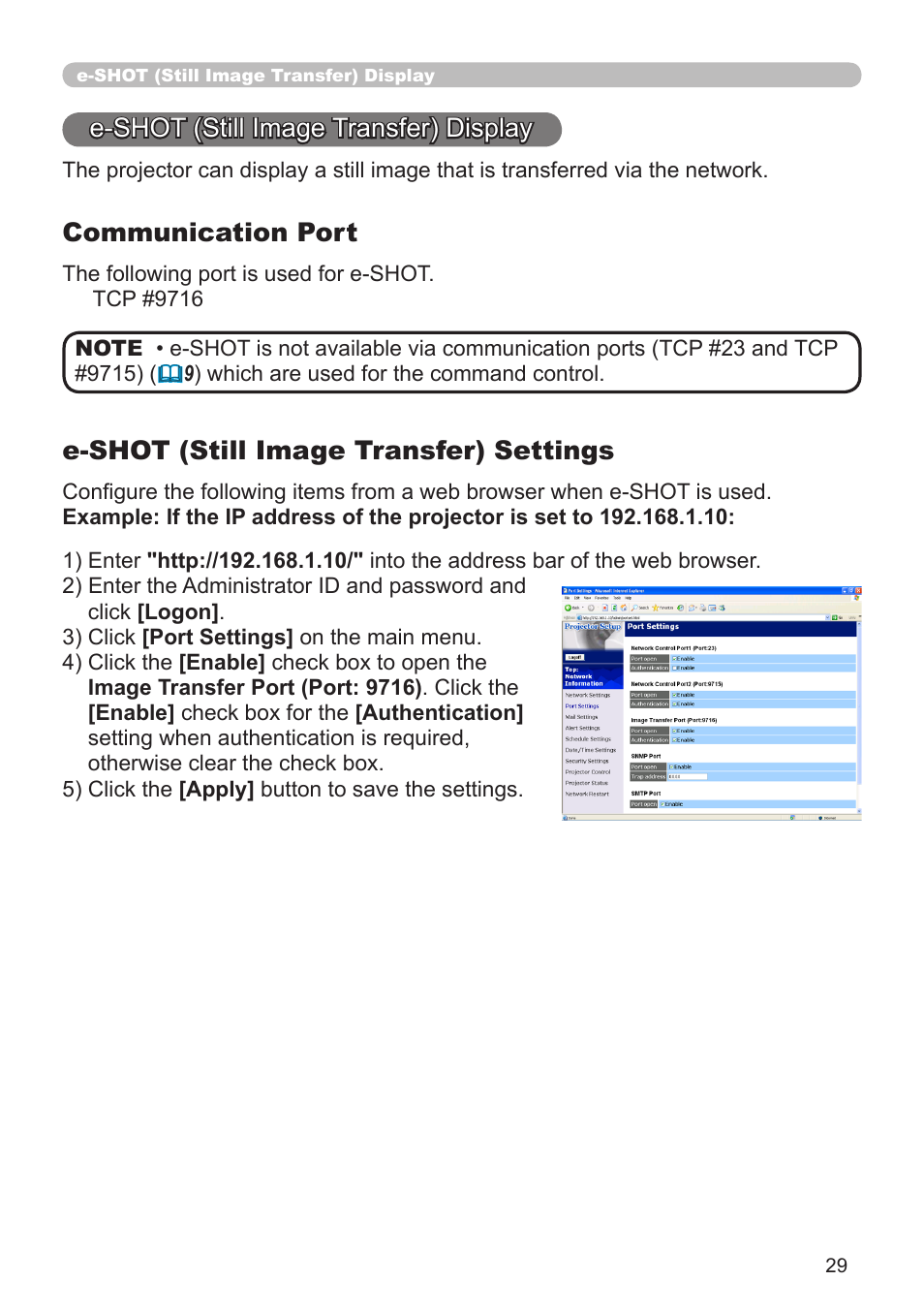 E-shot (still image transfer) display, Communication port, E-shot (still image transfer) settings | Dukane 8755G-RJ User Manual | Page 95 / 128