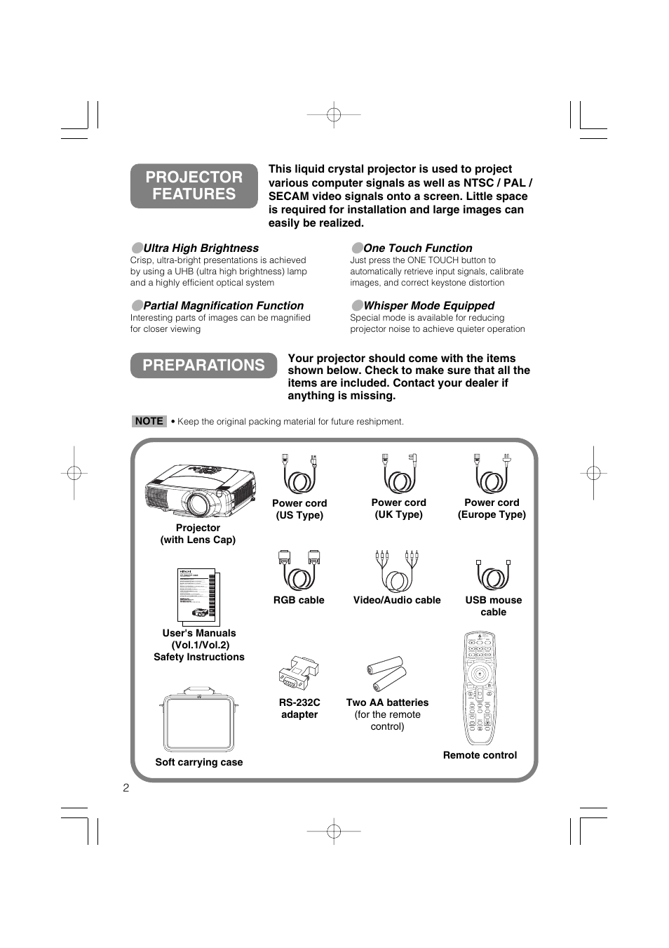 Preparations, Projector features, Ultra high brightness | Partial magnification function, One touch function, Whisper mode equipped | Dukane 28A8711 User Manual | Page 10 / 64