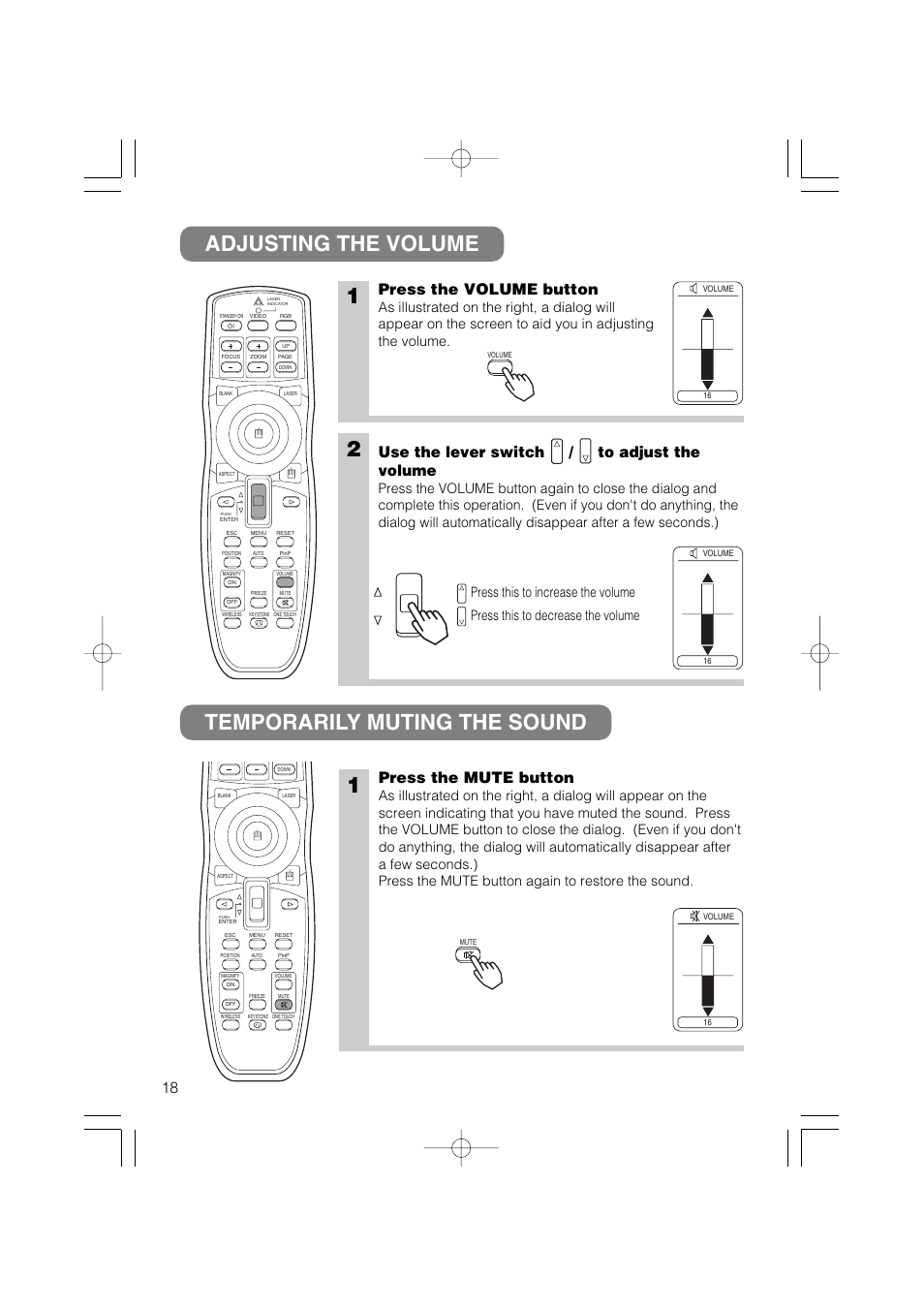 Adjusting the volume temporarily muting the sound, Press the volume button, Press the mute button | Use the lever switch / to adjust the volume | Dukane 28A8711 User Manual | Page 26 / 64
