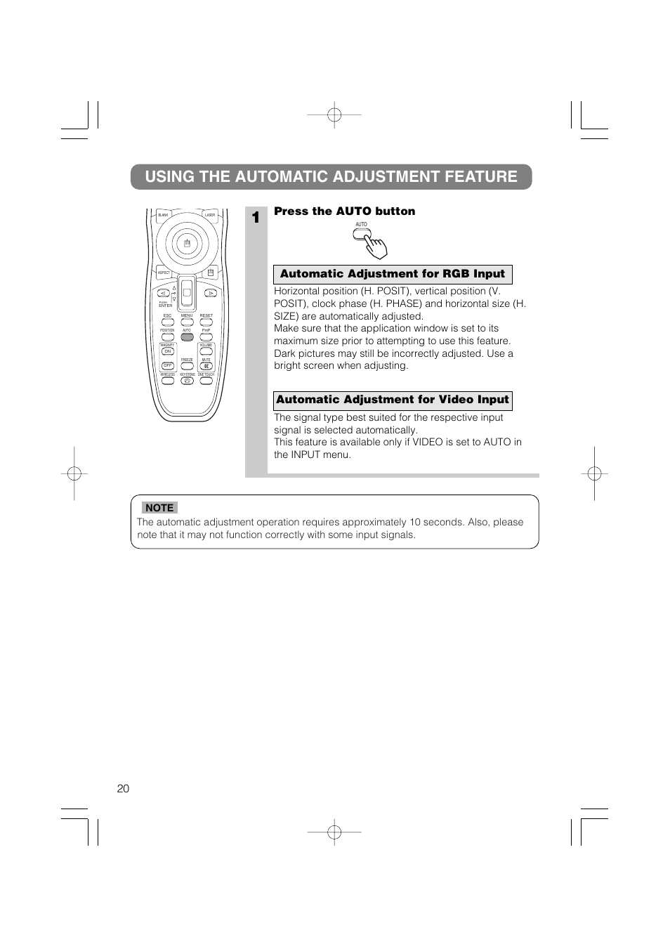 1using the automatic adjustment feature, Press the auto button | Dukane 28A8711 User Manual | Page 28 / 64