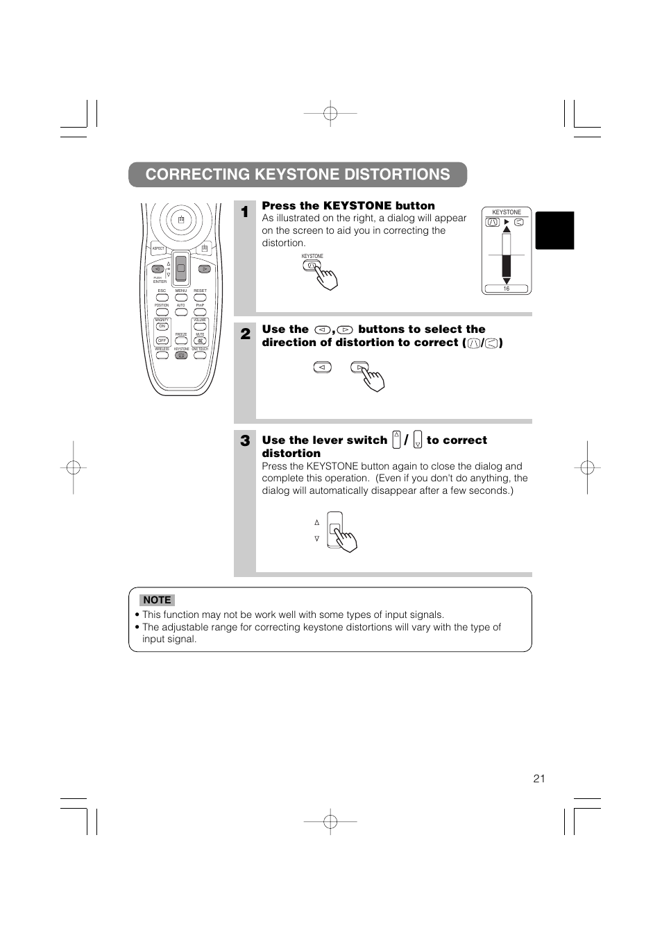 Correcting keystone distortions 1, Press the keystone button, Use the lever switch | Dukane 28A8711 User Manual | Page 29 / 64