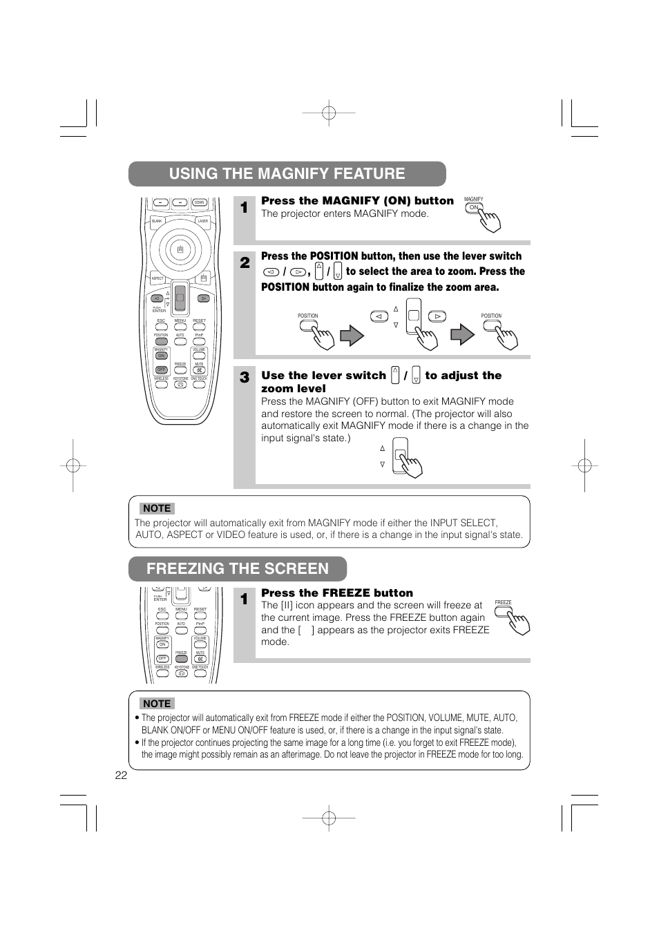 Using the magnify feature freezing the screen 1, Press the magnify (on) button, Use the lever switch / to adjust the zoom level | Press the freeze button, The projector enters magnify mode | Dukane 28A8711 User Manual | Page 30 / 64