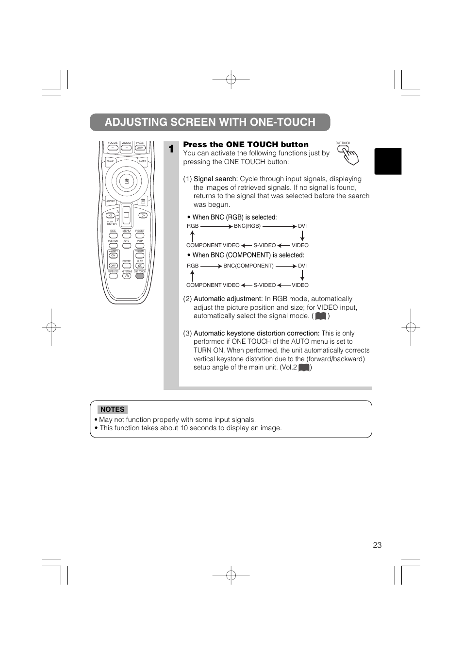 Adjusting screen with one-touch 1, Press the one touch button, When bnc (component) is selected | Dukane 28A8711 User Manual | Page 31 / 64