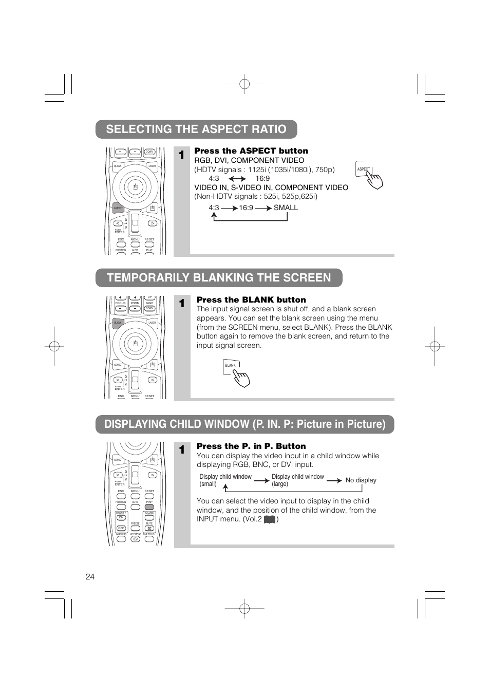 Press the aspect button, Press the blank button, Press the p. in p. button | Dukane 28A8711 User Manual | Page 32 / 64