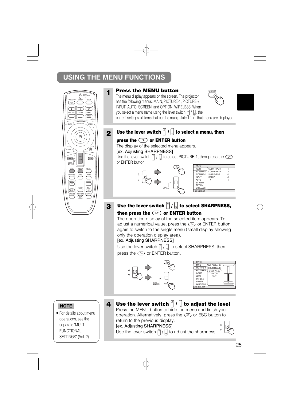 Using the menu functions 1, Press the menu button, Use the lever switch / to adjust the level | Dukane 28A8711 User Manual | Page 33 / 64