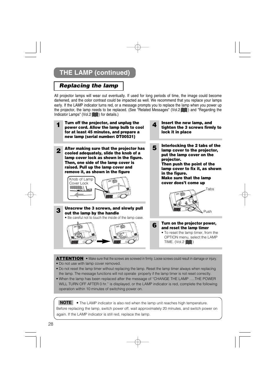 The lamp (continued), Replacing the lamp | Dukane 28A8711 User Manual | Page 36 / 64
