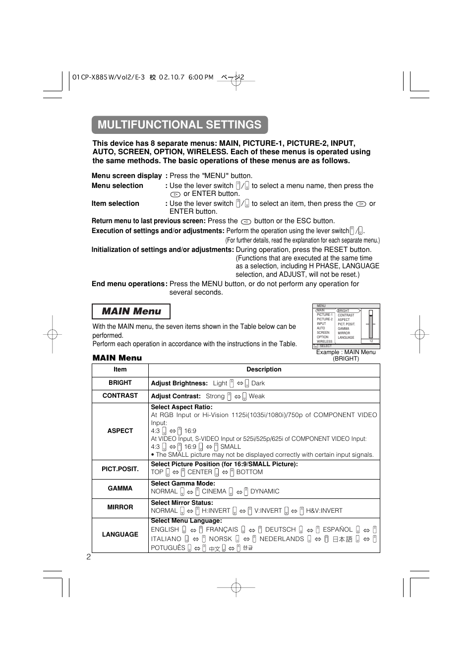 Multifunctional settings, Main menu | Dukane 28A8711 User Manual | Page 42 / 64