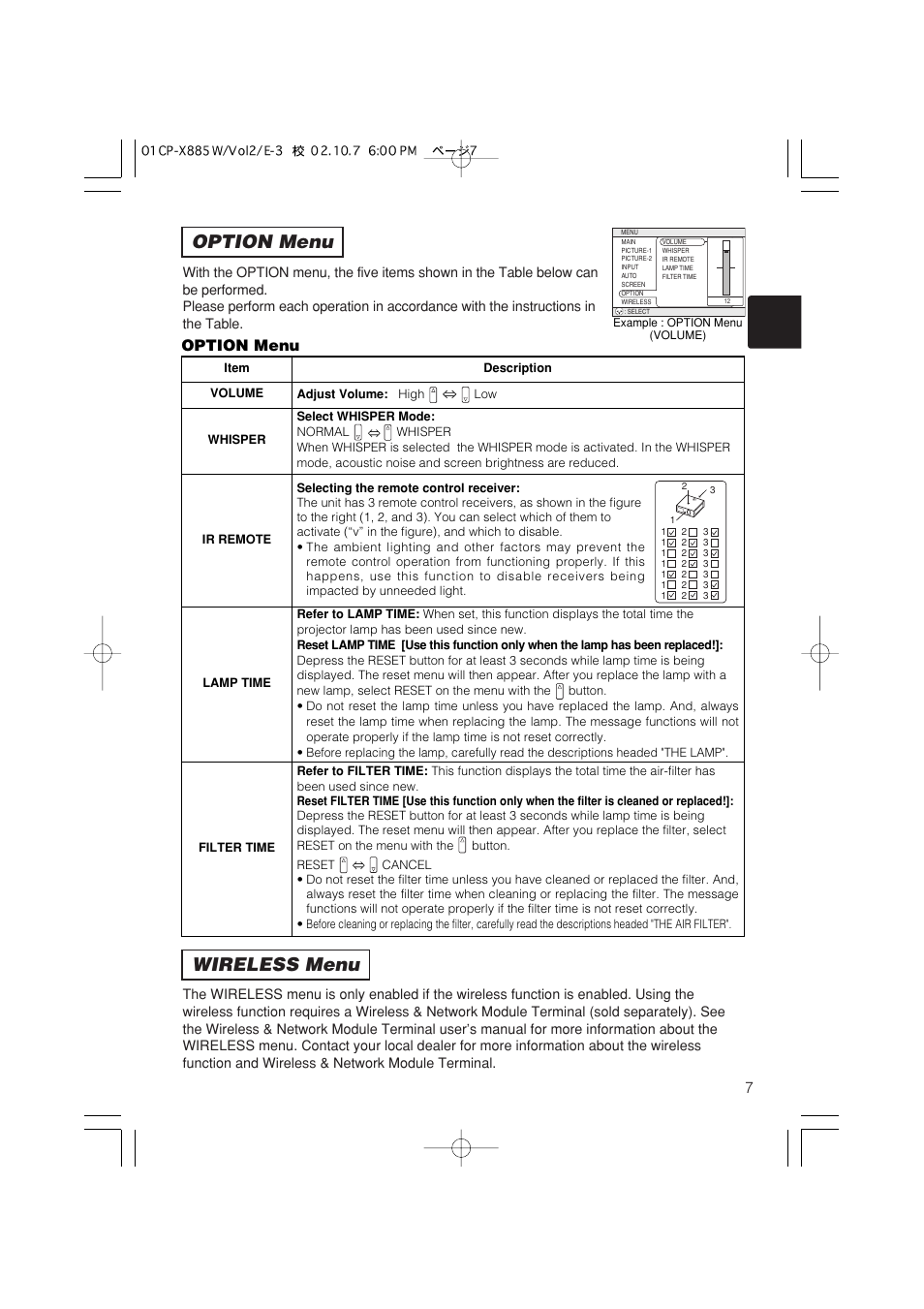 Option menu, Wireless menu | Dukane 28A8711 User Manual | Page 47 / 64