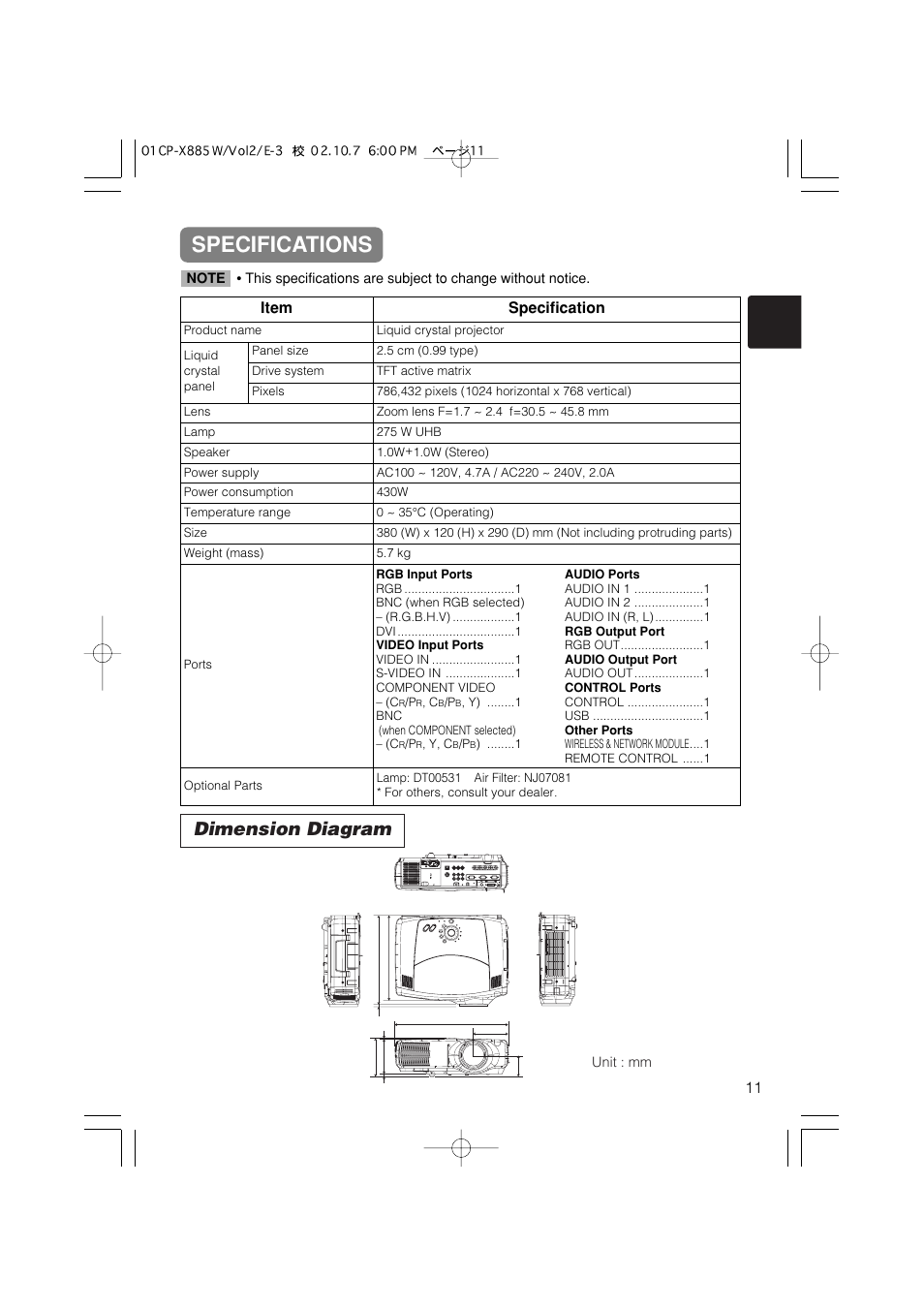 Specifications, Dimension diagram, 11 item specification | Dukane 28A8711 User Manual | Page 51 / 64