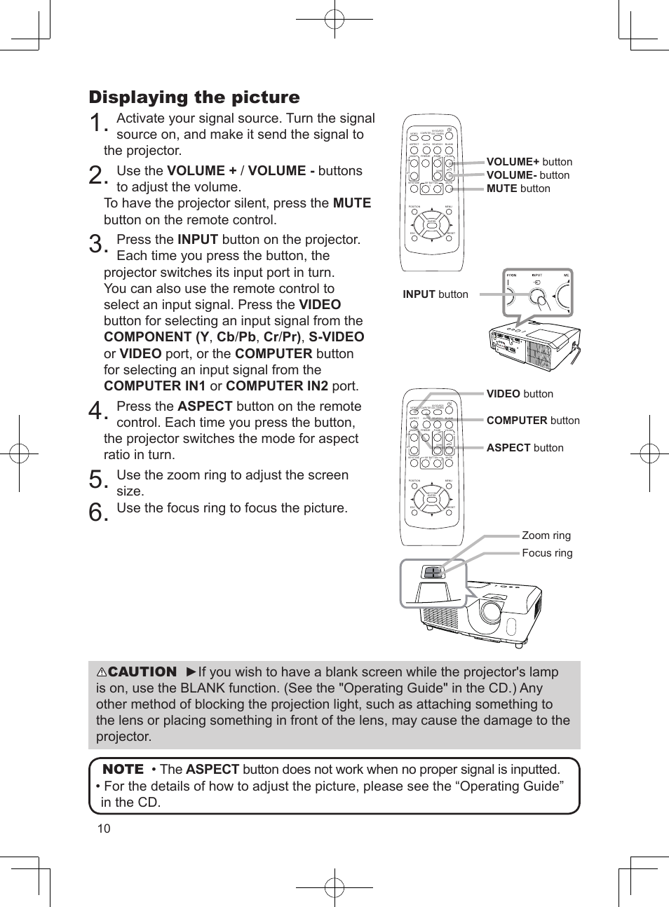 Displaying the picture, Use the zoom ring to adjust the screen size, Use the focus ring to focus the picture | Dukane Data Video Projector 8923H User Manual | Page 11 / 19