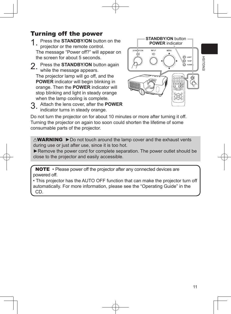 Turning off the power, Standby/on button power indicator | Dukane Data Video Projector 8923H User Manual | Page 12 / 19