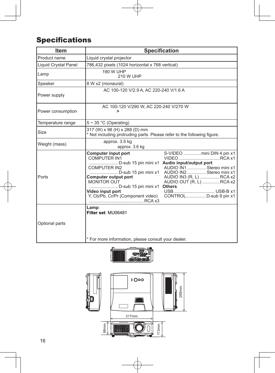 Specifications, Item specification | Dukane Data Video Projector 8923H User Manual | Page 17 / 19