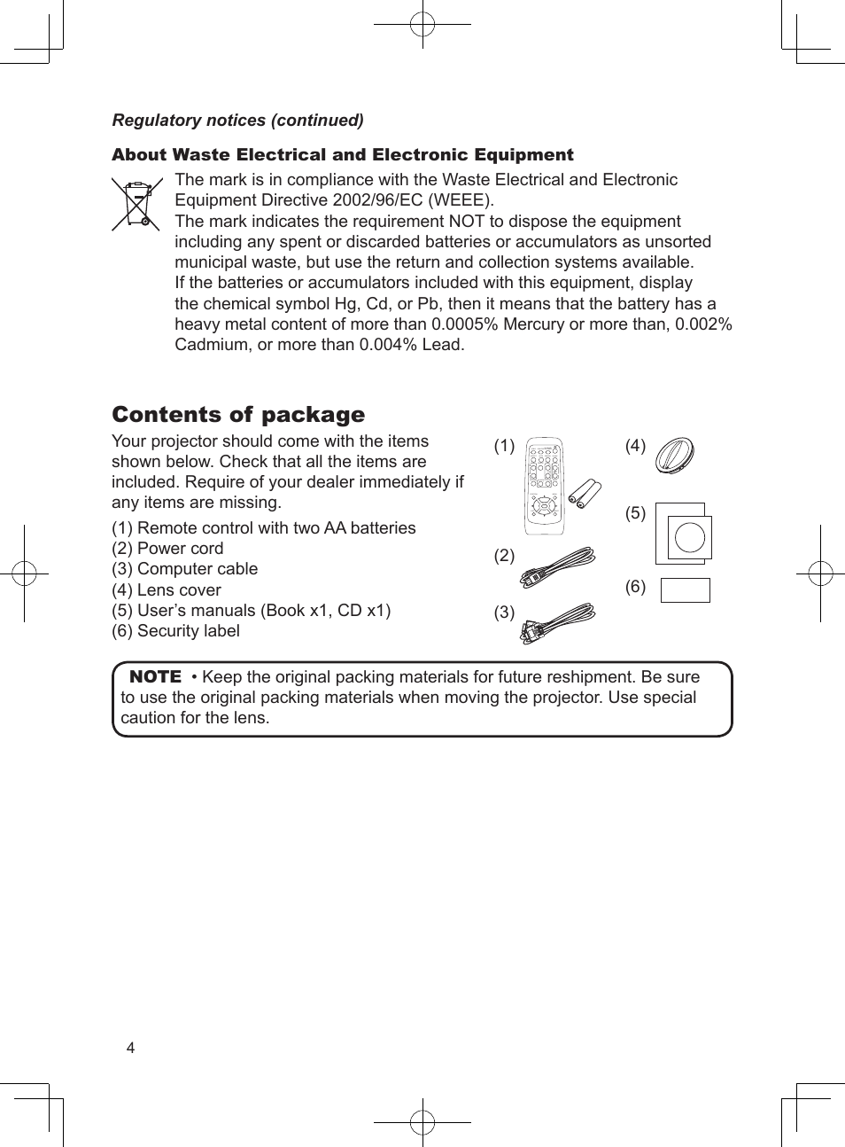 Contents of package | Dukane Data Video Projector 8923H User Manual | Page 5 / 19