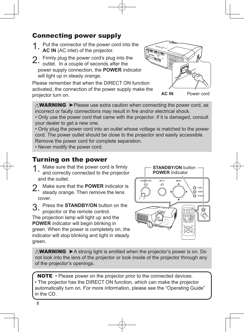 Connecting power supply, Turning on the power | Dukane Data Video Projector 8923H User Manual | Page 9 / 19