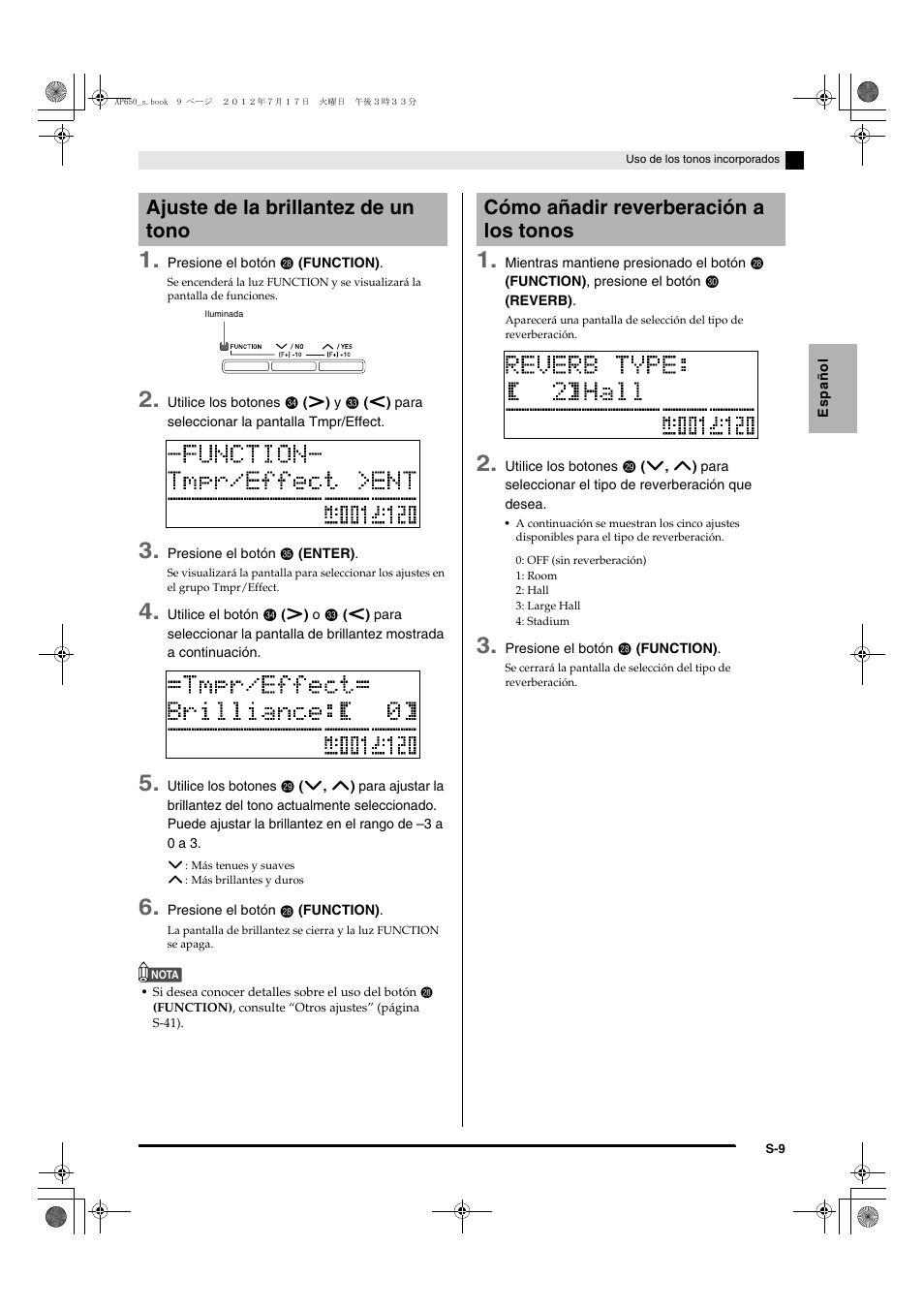 Ajuste de la brillantez de un tono, Cómo añadir reverberación a los tonos | Casio AP-650M User Manual | Page 11 / 84