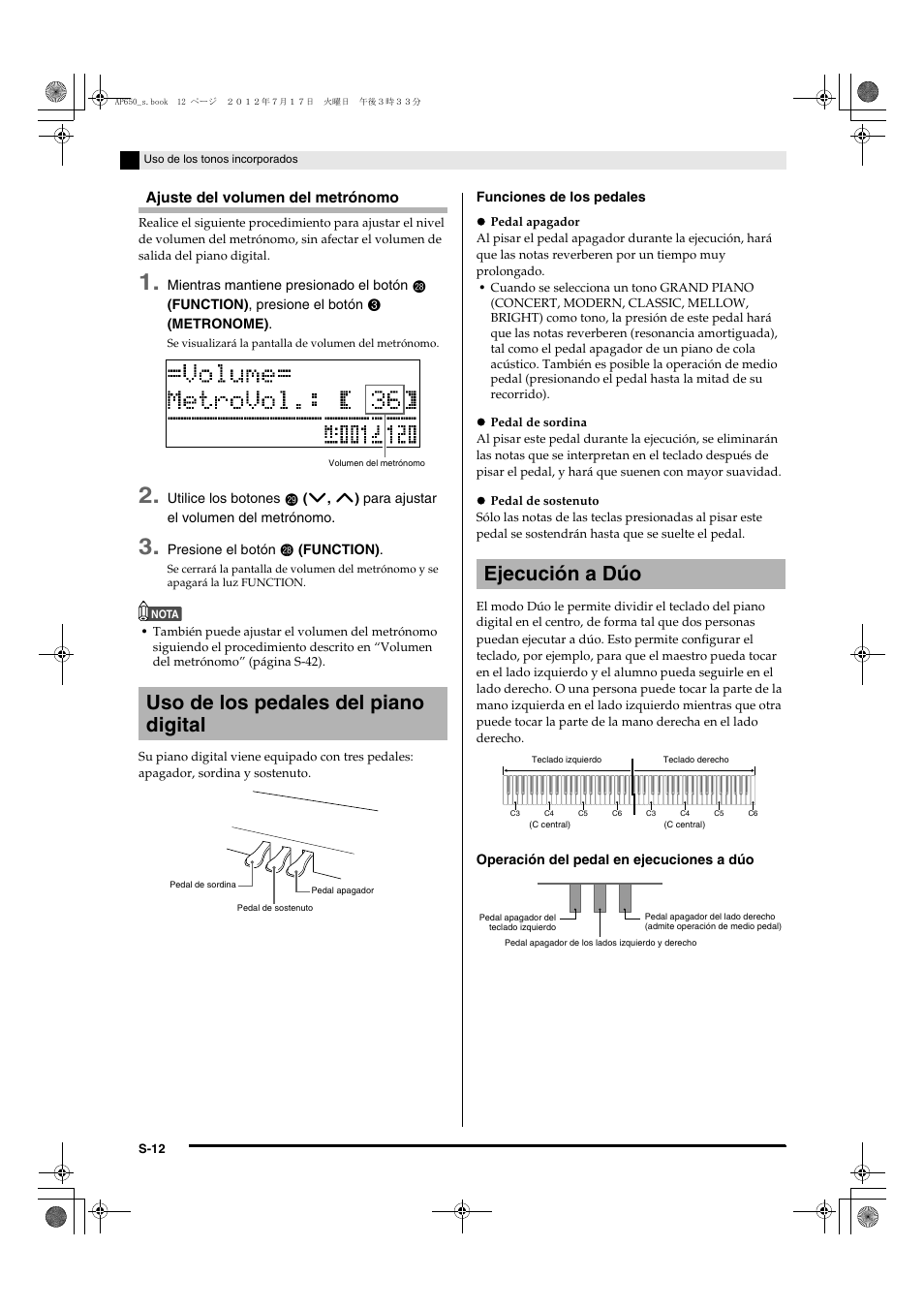 Uso de los pedales del piano digital, Ejecución a dúo | Casio AP-650M User Manual | Page 14 / 84